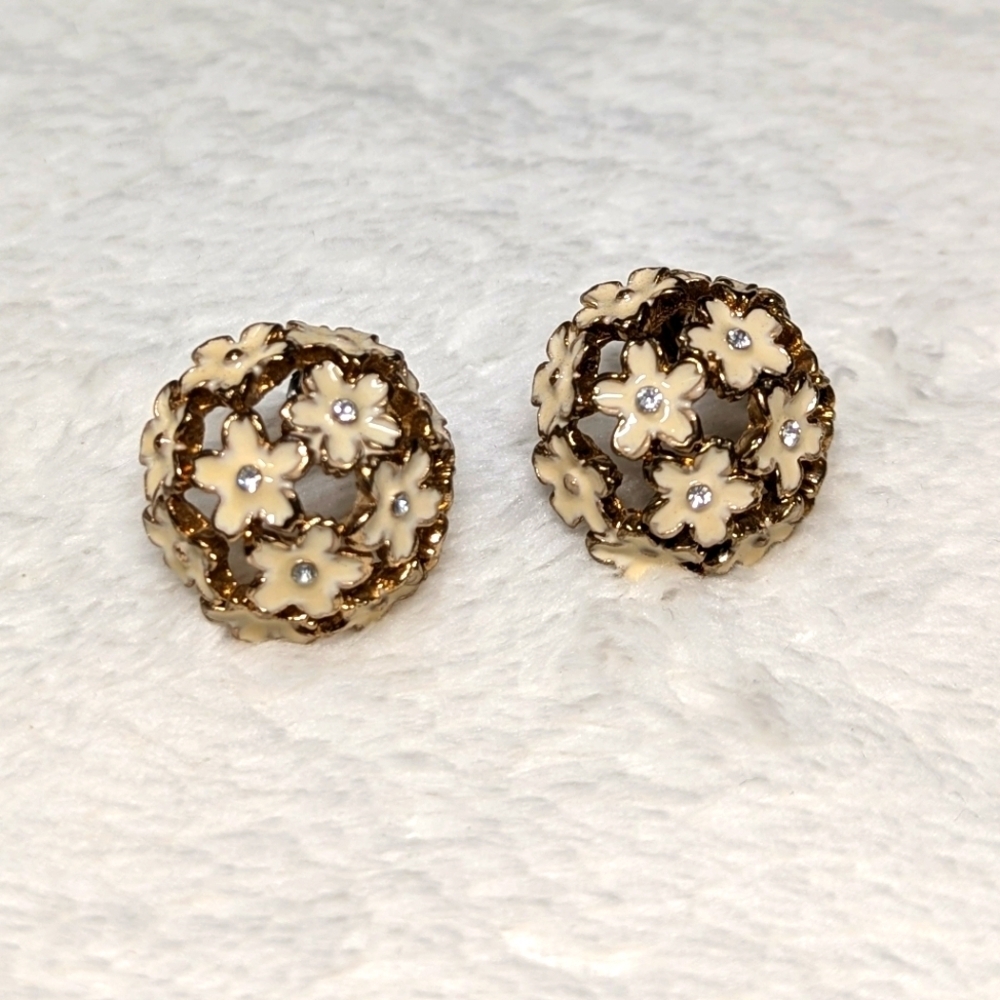 Vintage Cream Enamel Floral Pierced Earrings with Rhinestone Accents